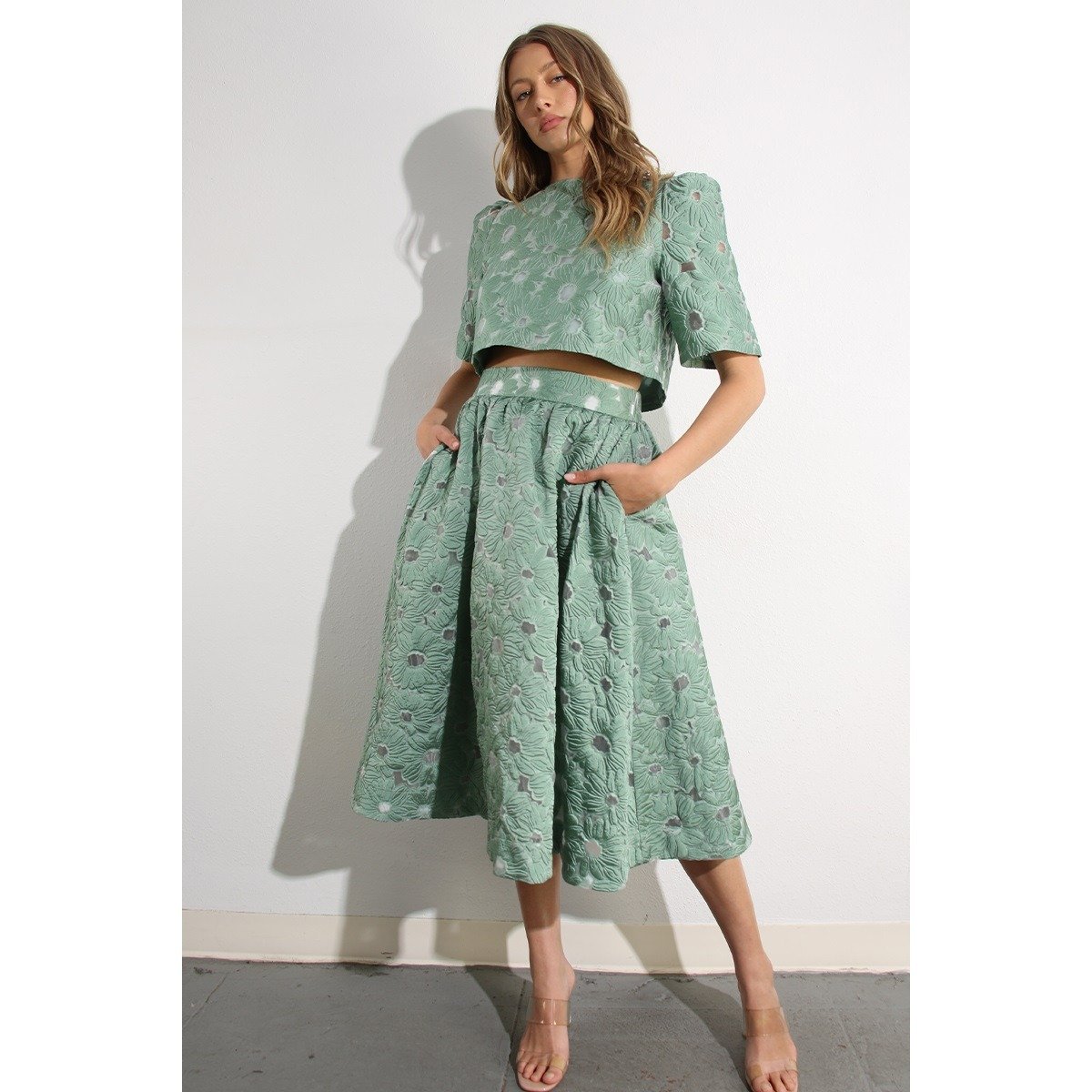 Floral Embossed Top & Skirt Set Mint