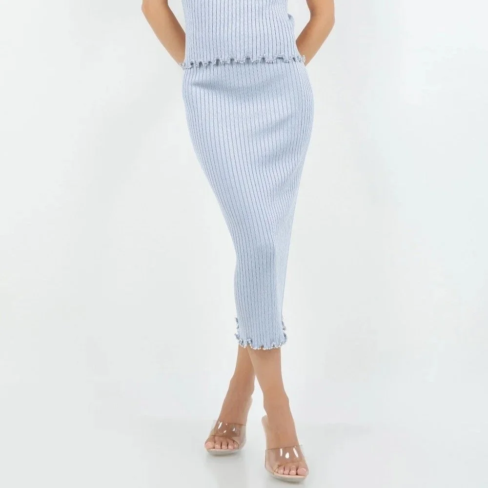 Ruffled Beaded Edge Knit Skirt Baby Blue