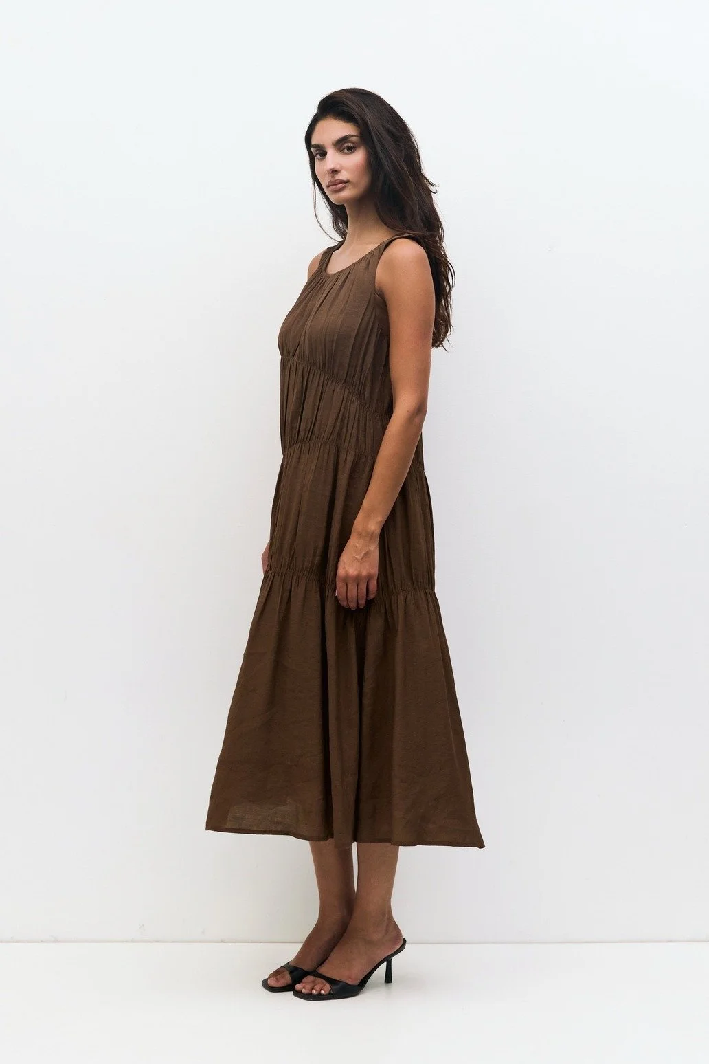 The Vittoria Tiered Midi Dress Brown