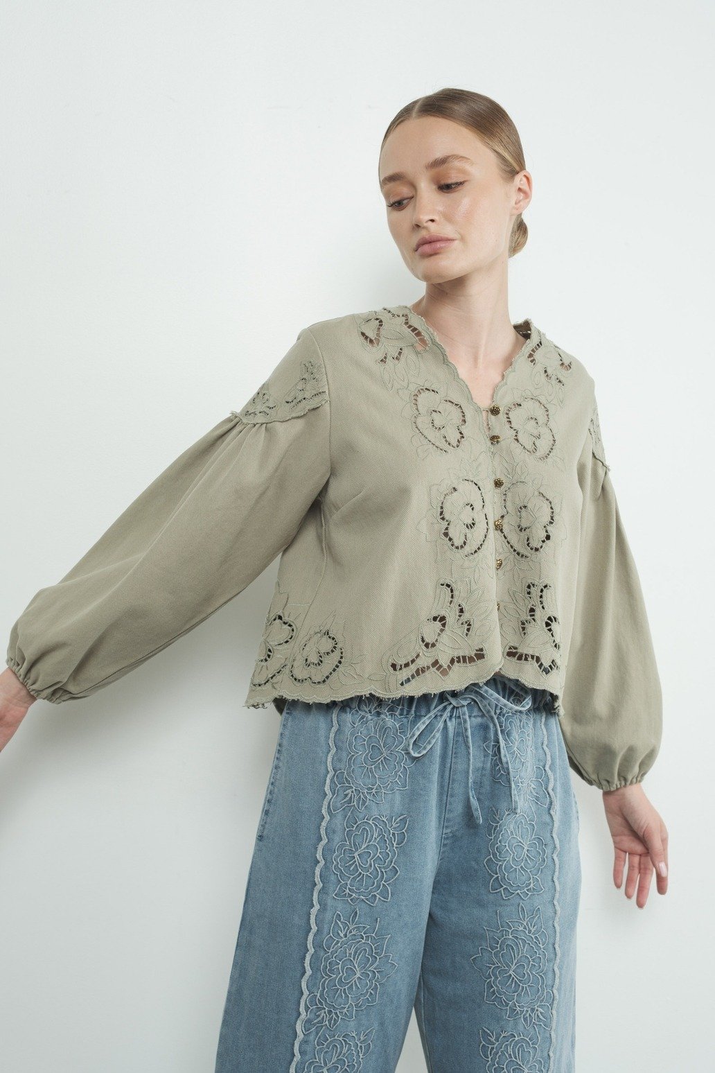 Embroidered Flower V-neck Button Blouse Olive