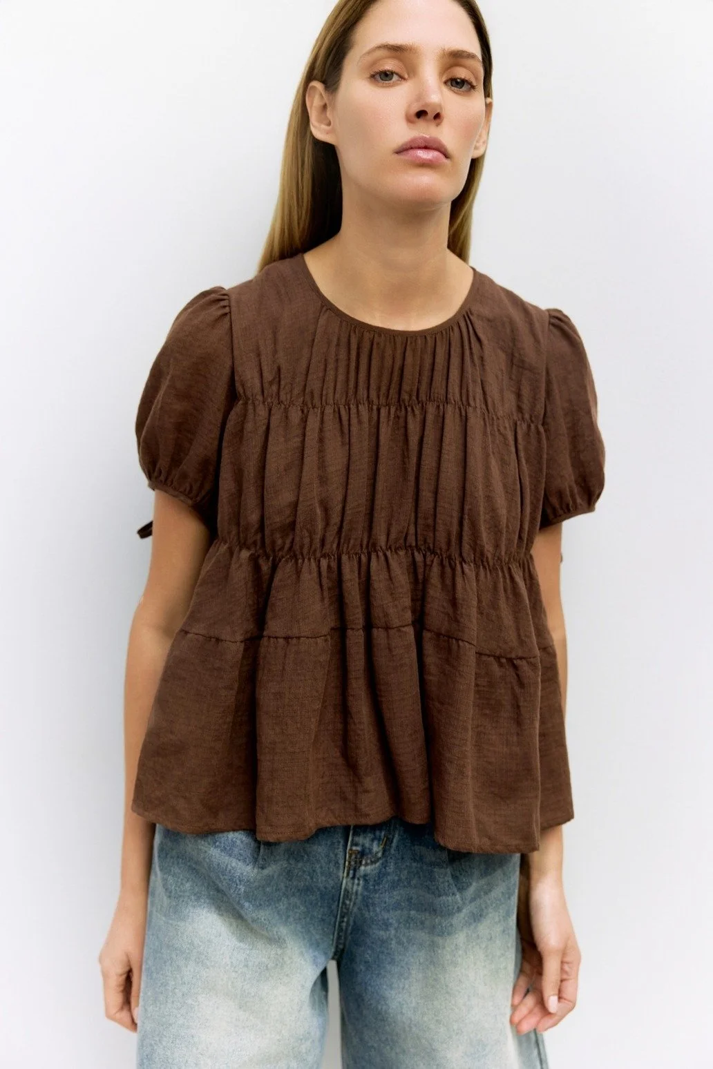 The Penelope Tiered Woven Top Brown