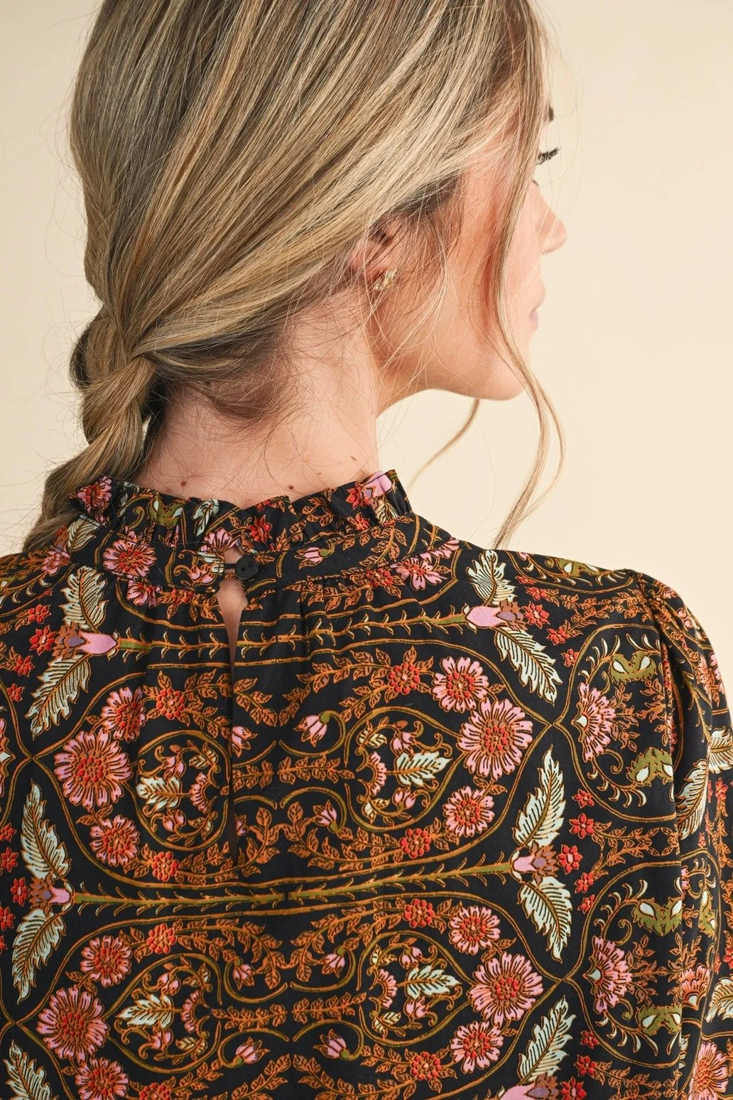 Ruffle Collar Floral Trim Blouse Black Border Print