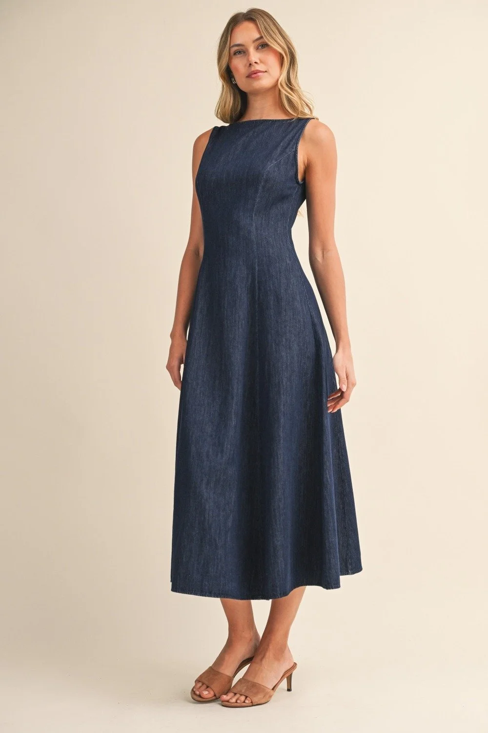Boatneck Sleeveless Midi Dress Dark Denim