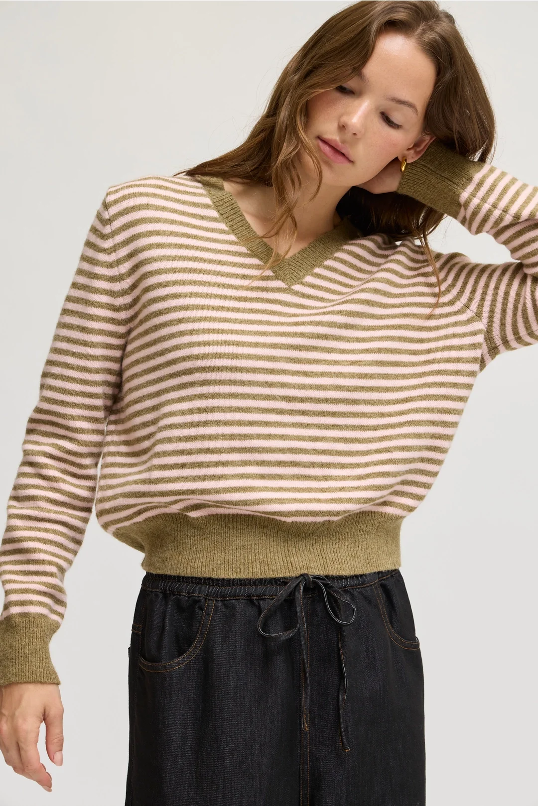 Striped V-neck Banded Sweater Dry Sage & Pink