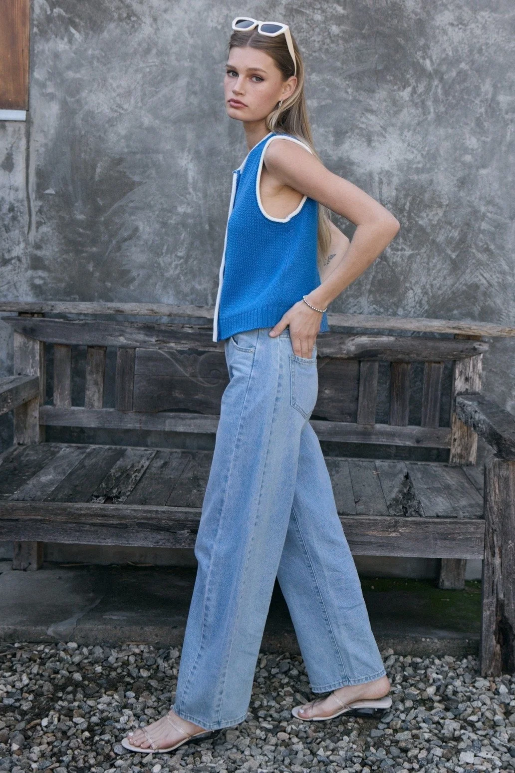 Contrast Trim Button Vest Blue