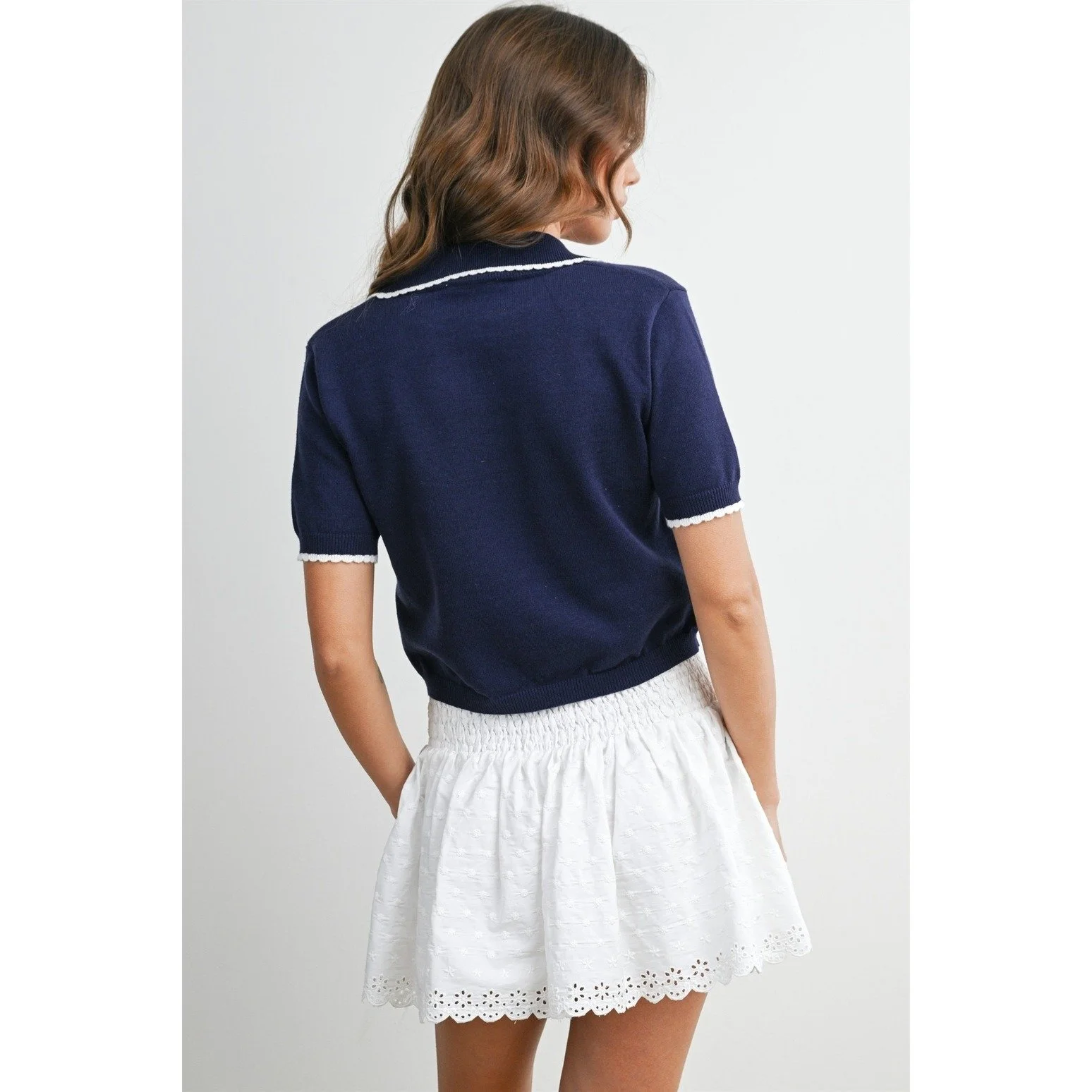 Scalloped Trim Knit Polo Navy