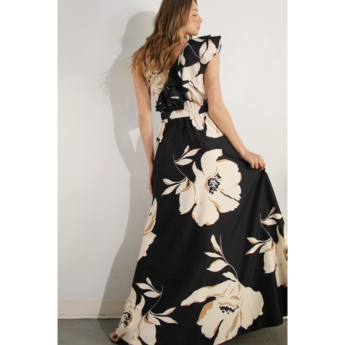 Ruffle Shoulder Floral Gown Black