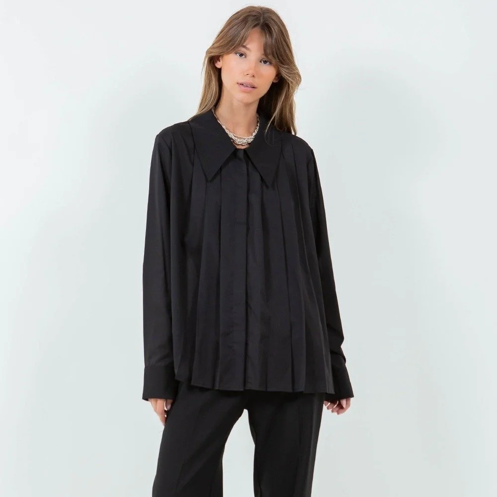 Pleated Chiffon Collared Blouse Black