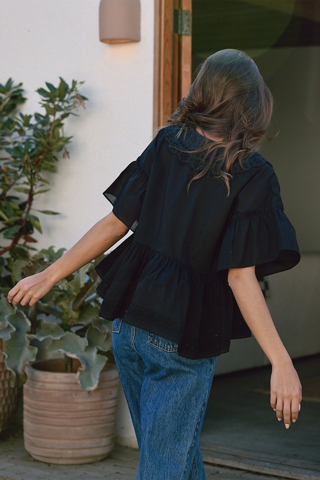 Eyelet Trim Ruffle Collar Blouse Black
