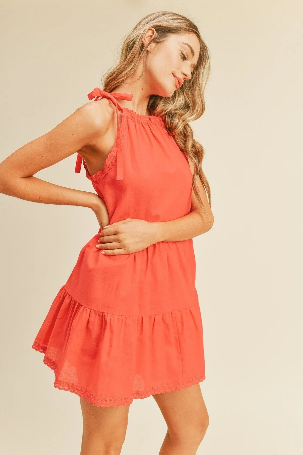 Tie Halter Babydoll Mini Dress Tomato Red