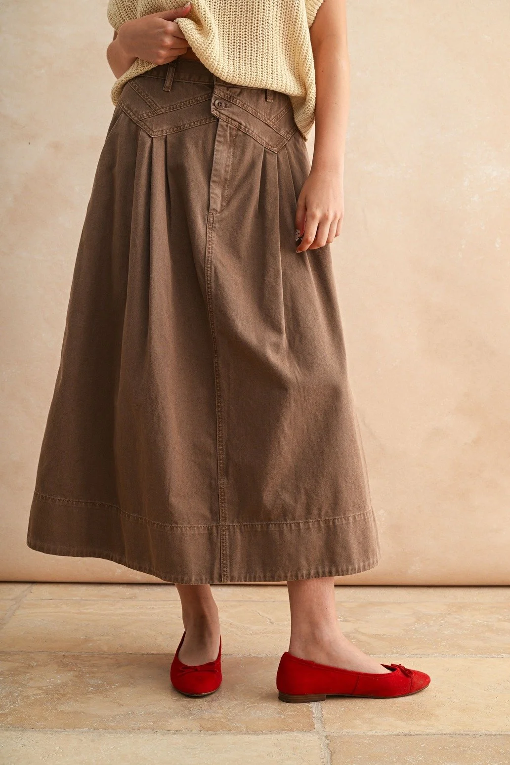 Pleat Detail Cotton Midi Skirt Mocha Mouse