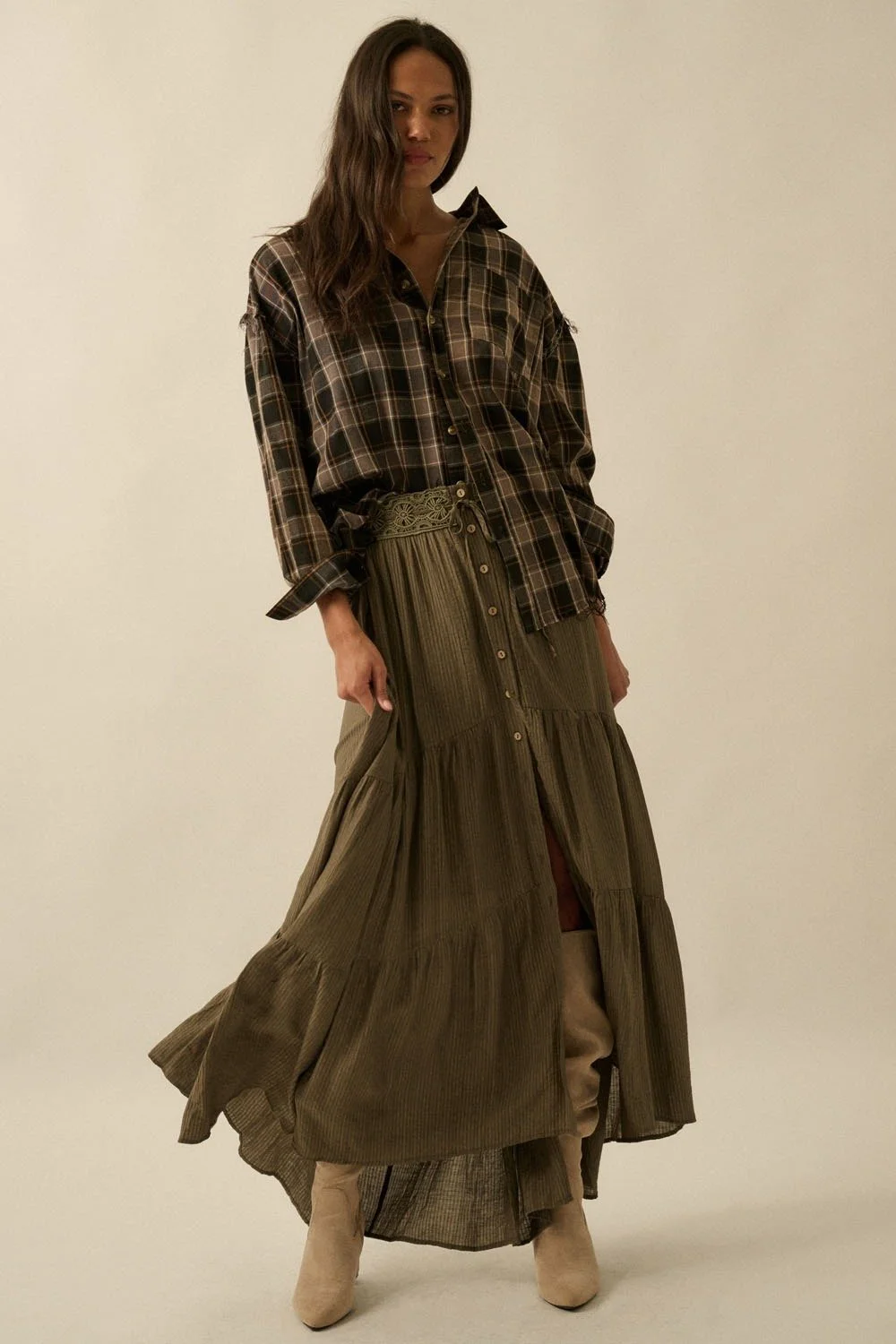 Crochet Trim Button Maxi Skirt Olive