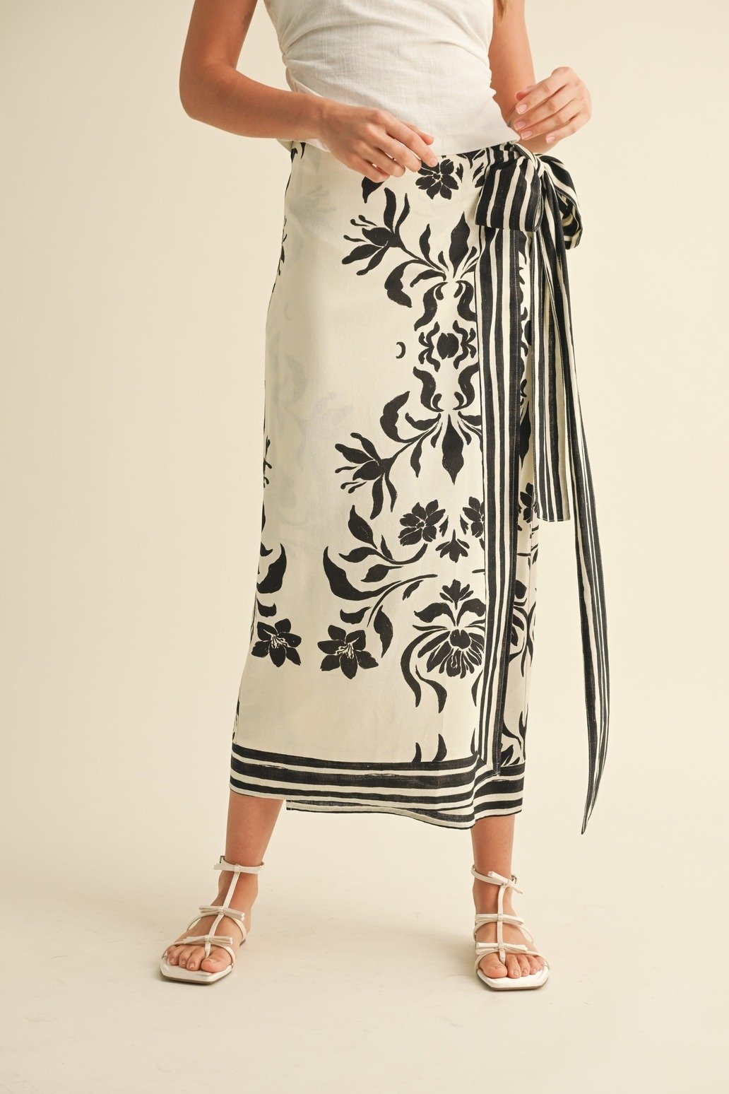 Floral Linen Wrap Skirt Cream & Black