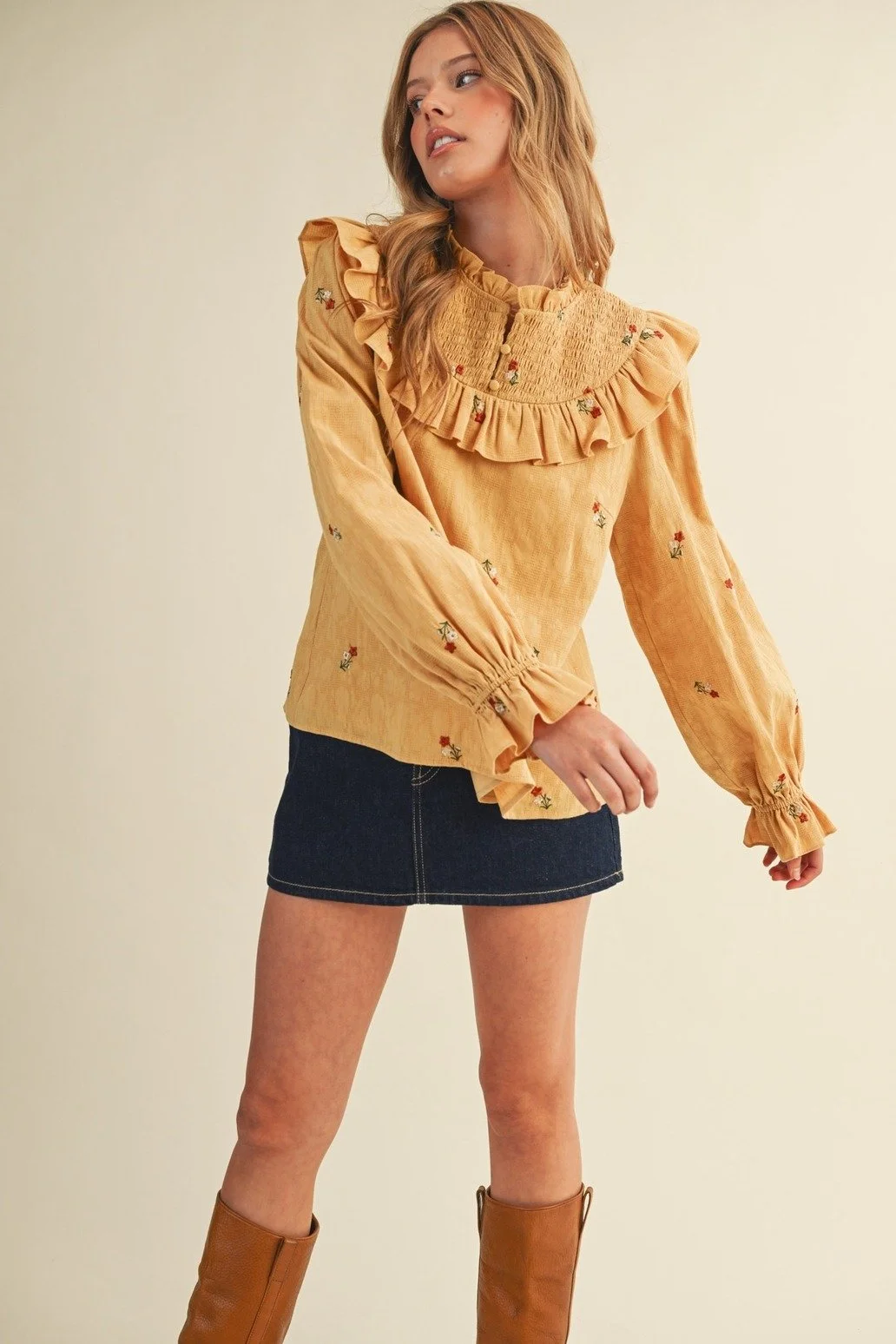 Ruffled Smocked Yoke Embroidered Blouse Mustard