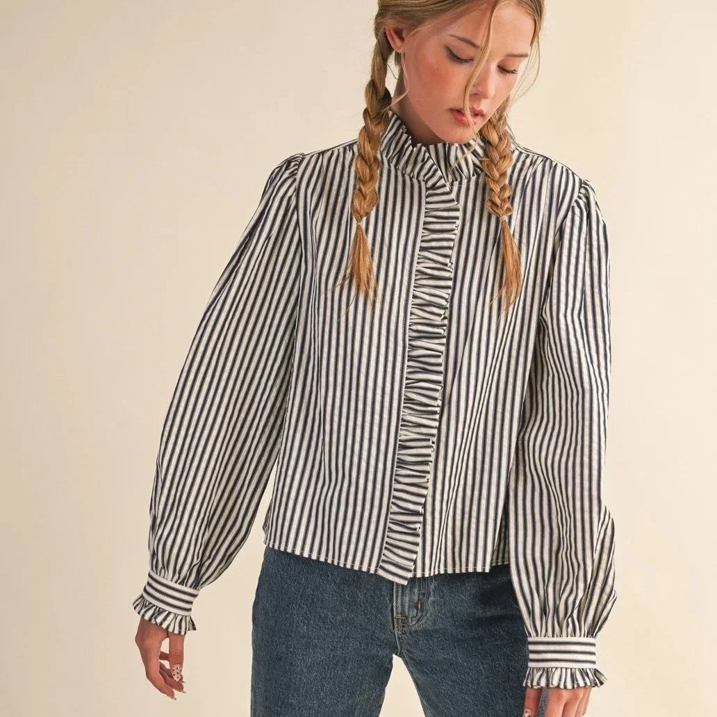Ruffle Collar Button Front Blouse Black Ticking Stripe