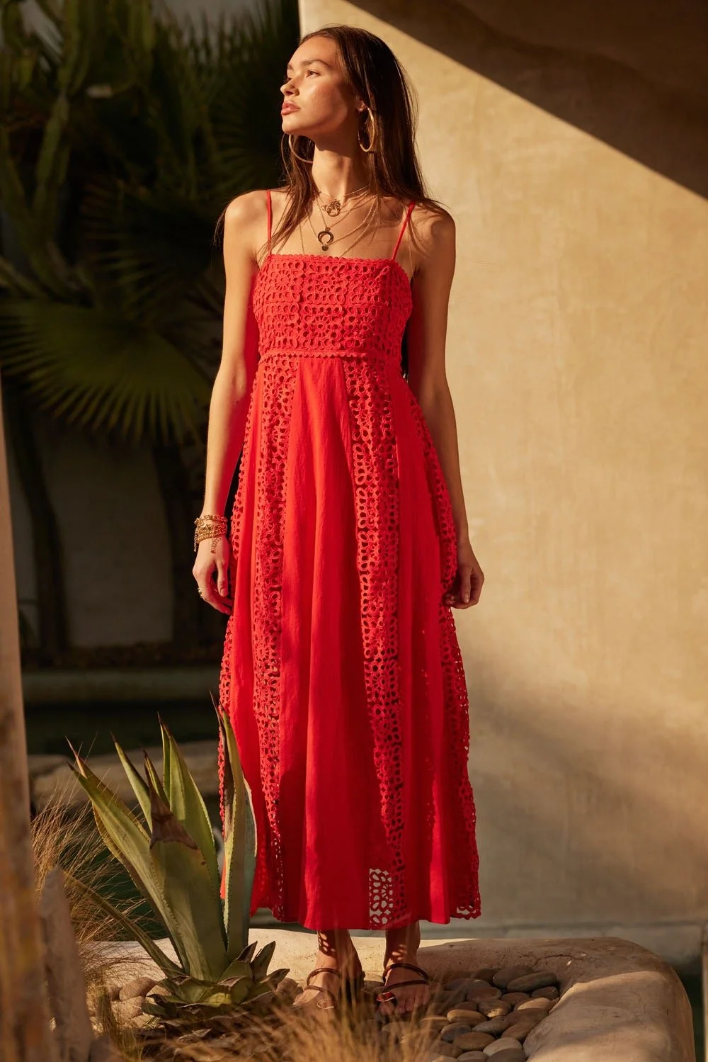 Crochet & Crepe Paneled Midi Dress Coral Red