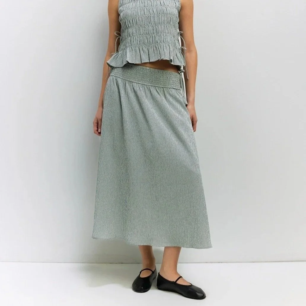 The Malorie Smocked Waist Midi Skirt Seafoam Gingham