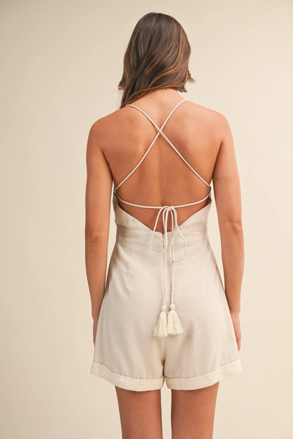 Back Tie Pleated Linen Romper Natural