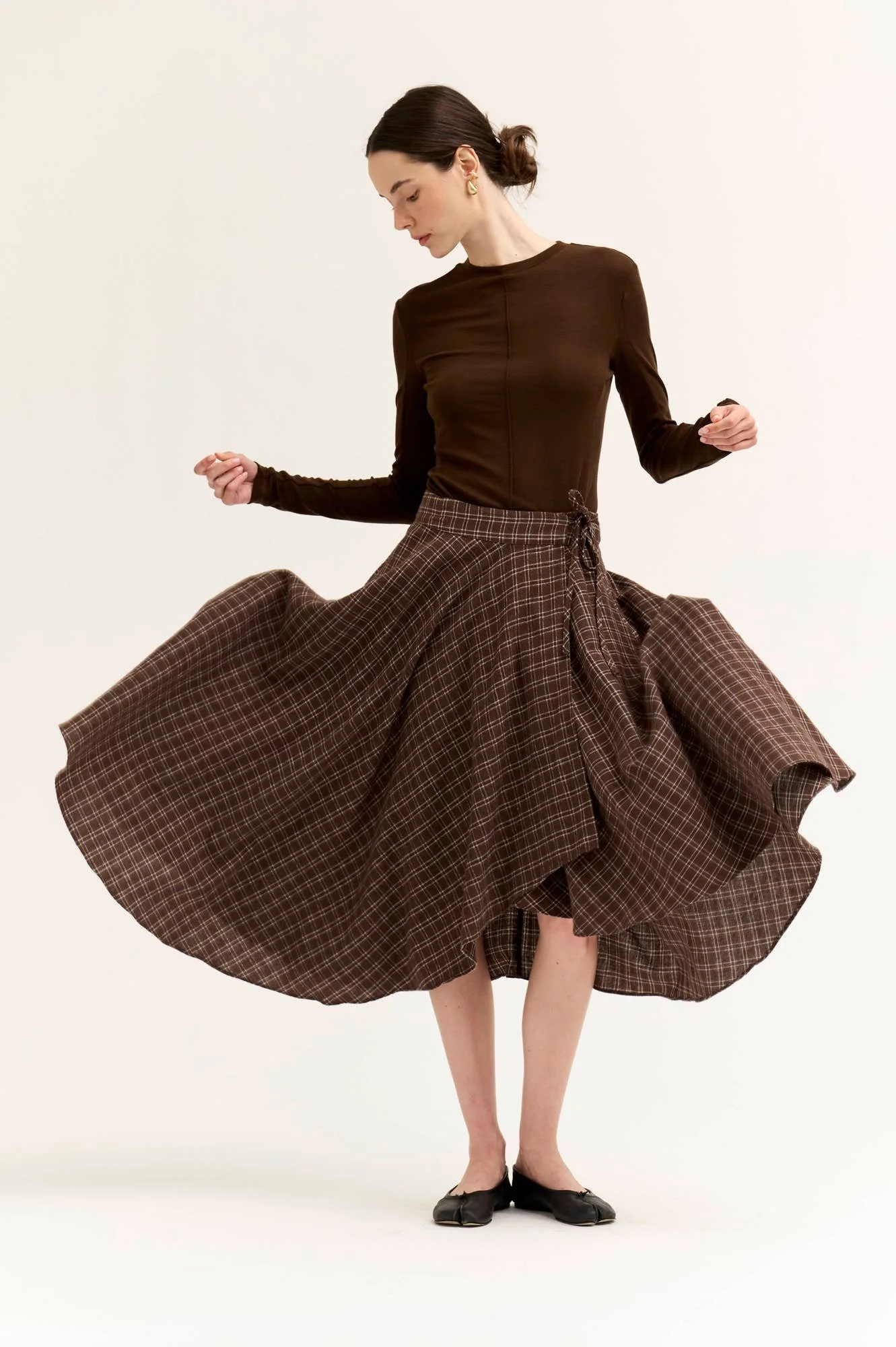 Unbalanced Flannel Wrap Skirt Chocolate Plaid