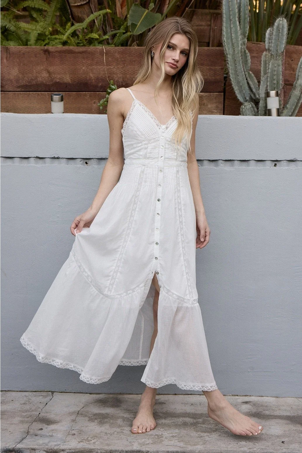 Lace Trim Button Down Maxi Dress White