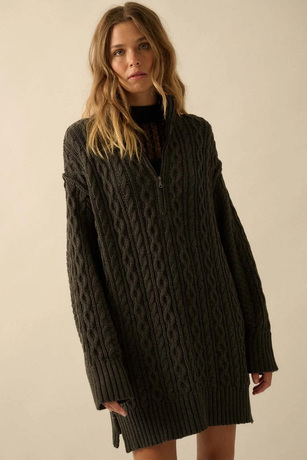 Cable Knit Half Zip Mini Sweater Dress Charcoal