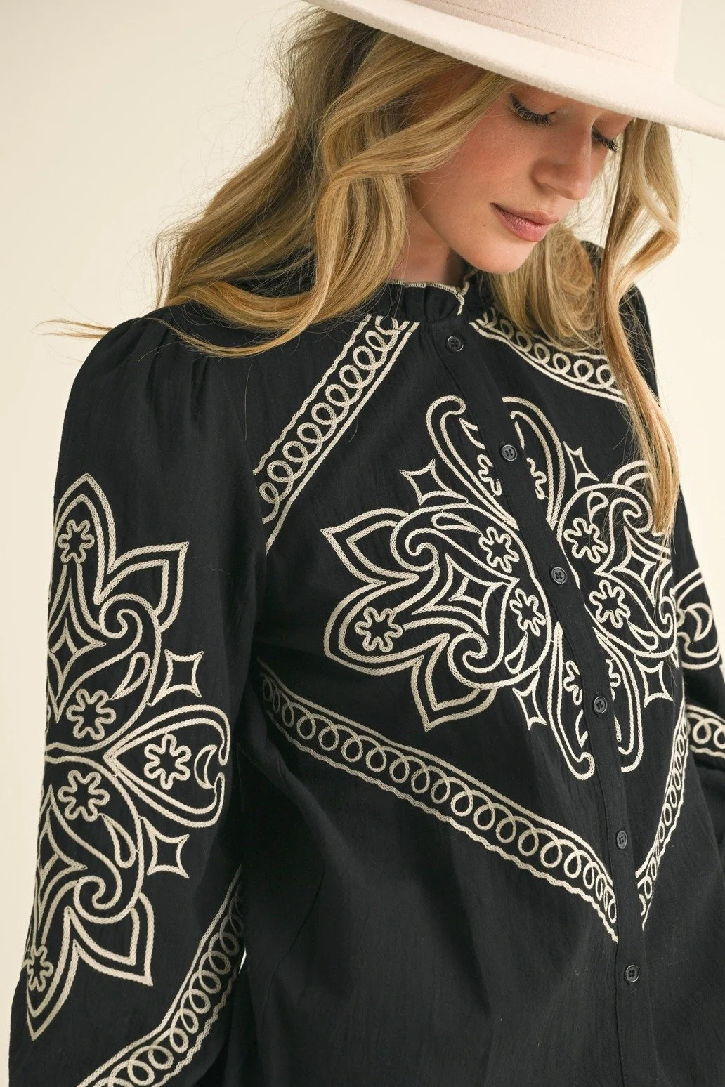 Western Embroidered Puff Sleeve Button Blouse Black