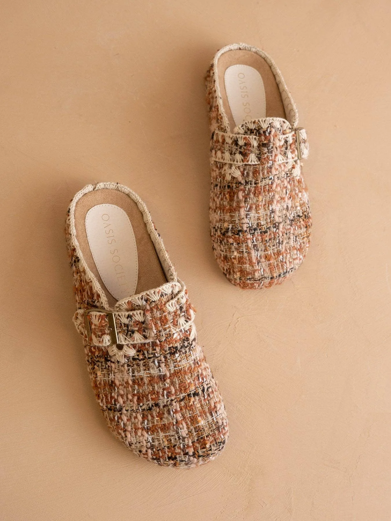 The Teri Buckle Mule Chai Tweed