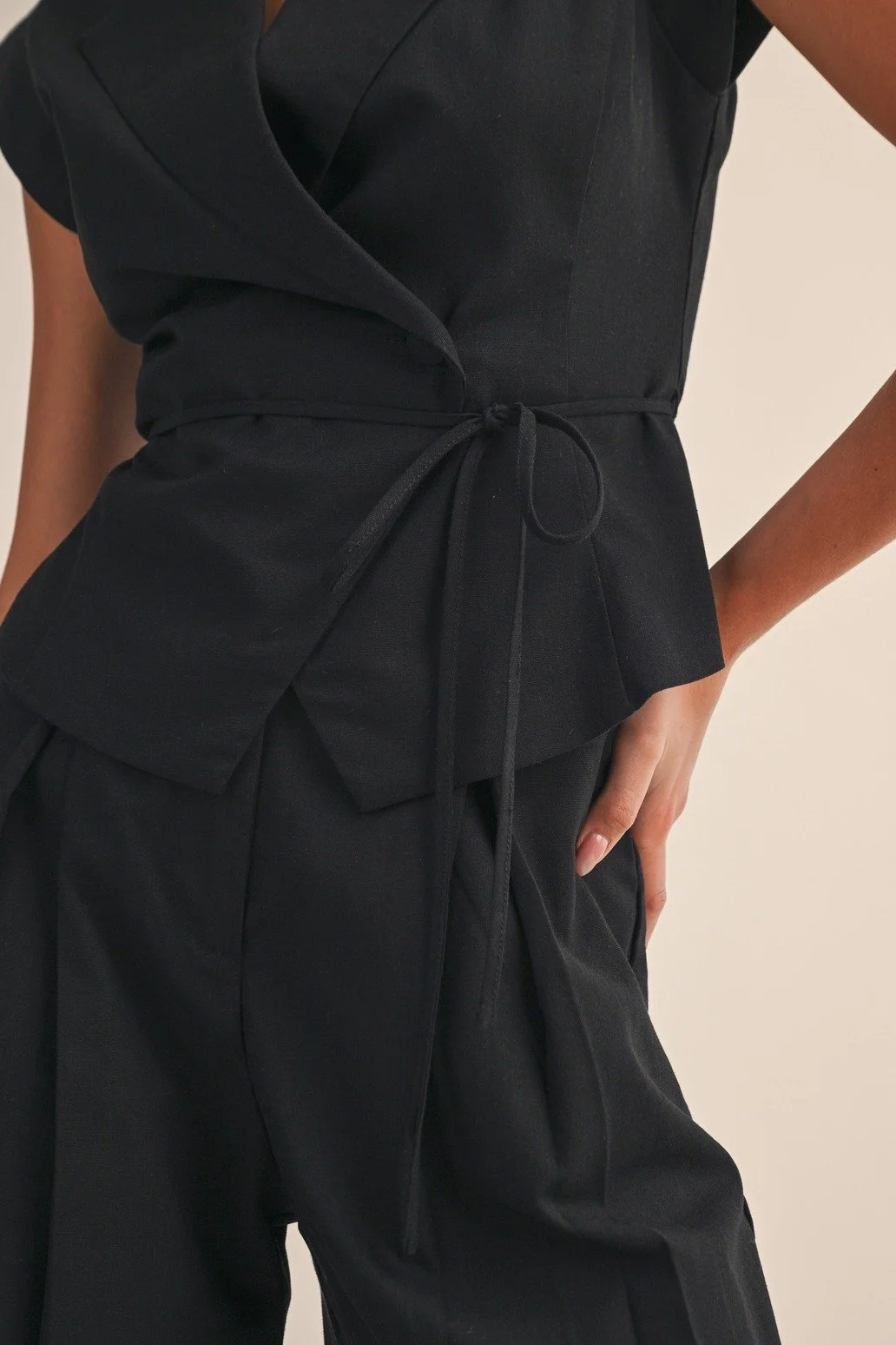 Linen Wrap Top & Pleated Trouser Set Black