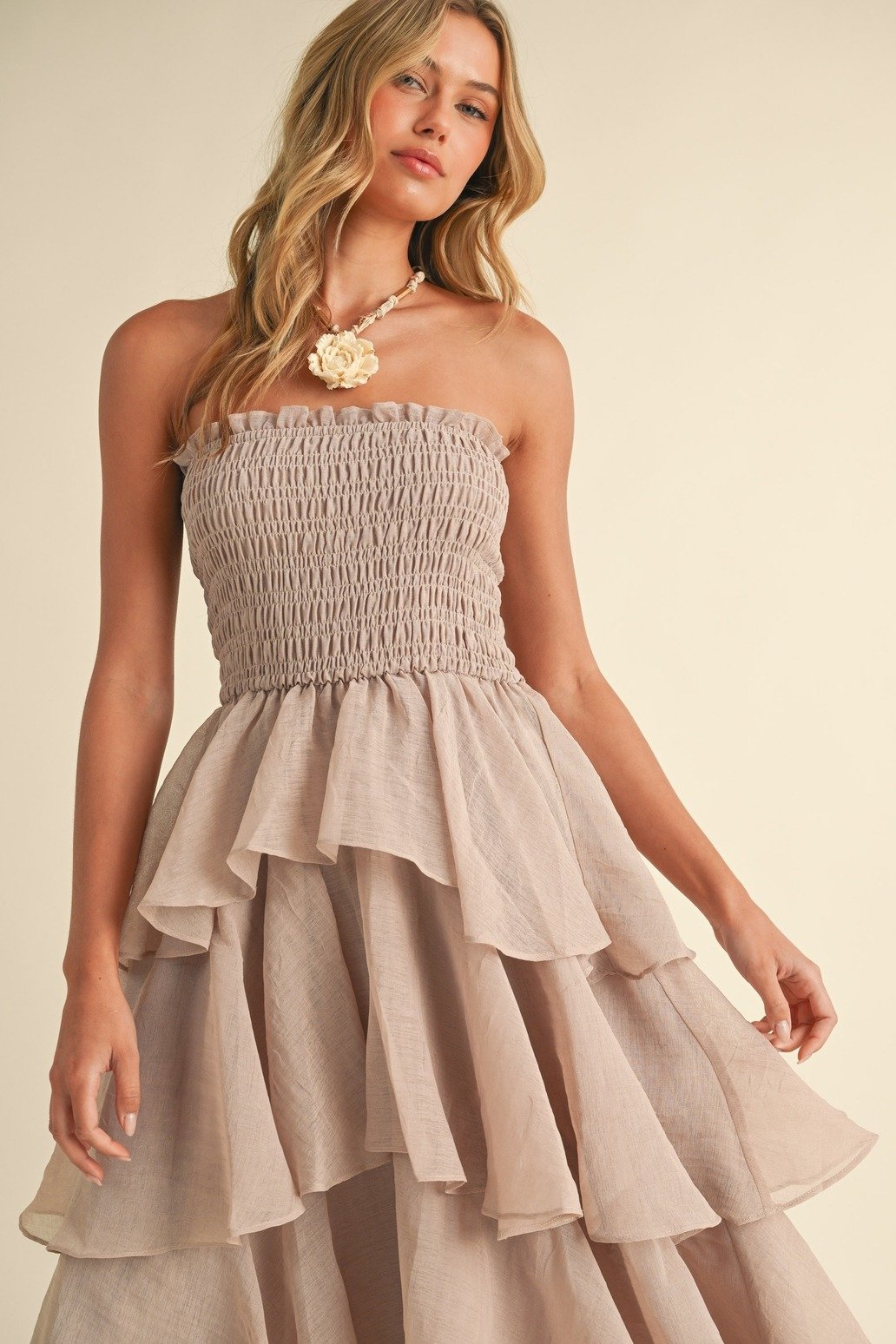 Smocked Tiered Ruffle Maxi Dress Taupe