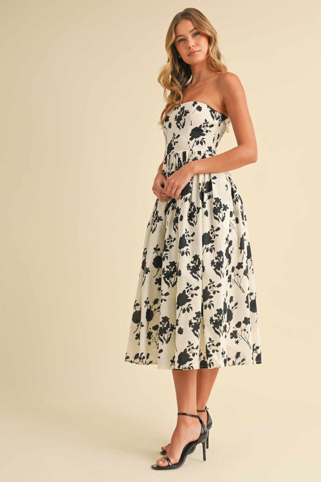 Strapless Tea Dress Ivory & Black Floral