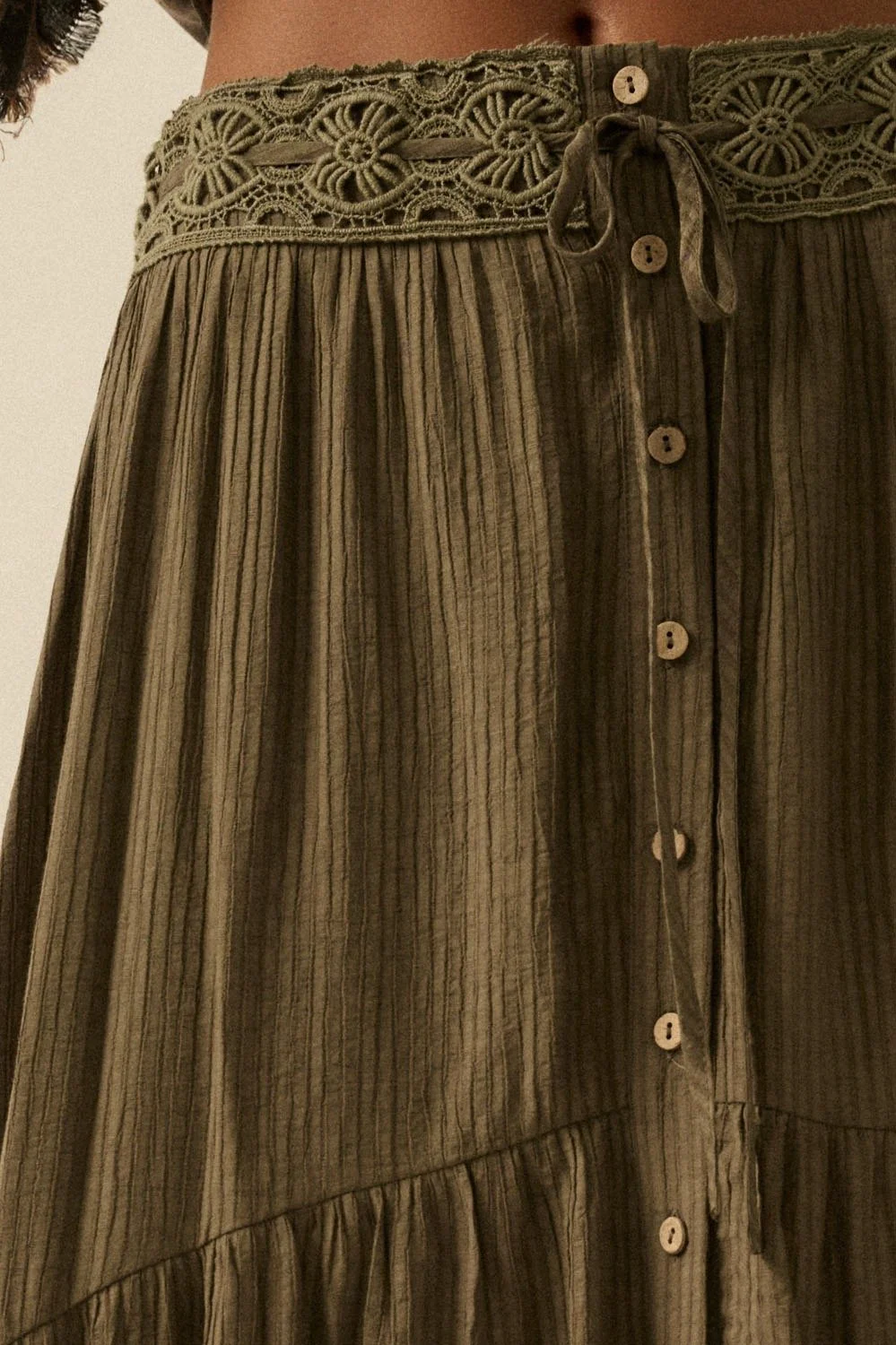 Crochet Trim Button Maxi Skirt Olive