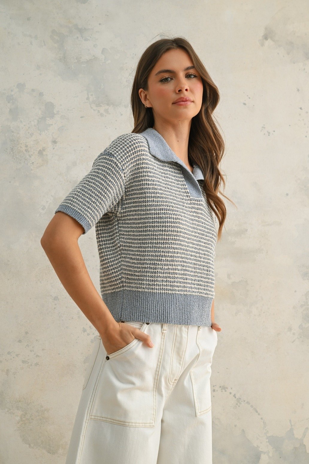Polo Knit Sweater Cream & Cornflower