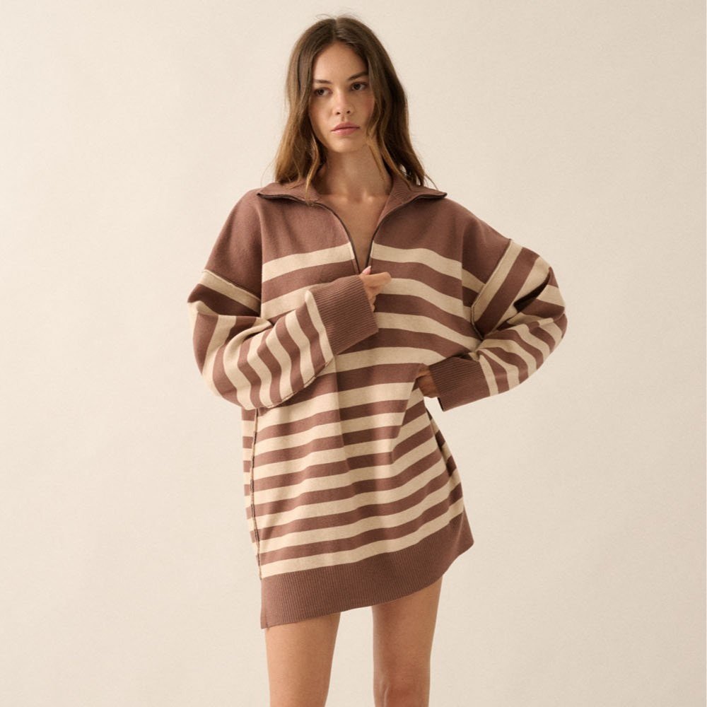 Collared Half-Zip Sweater Dress Cocoa & Oatmeal Stripe