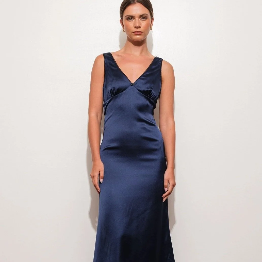 Lace Trim V-neck Satin Midi Dress Navy