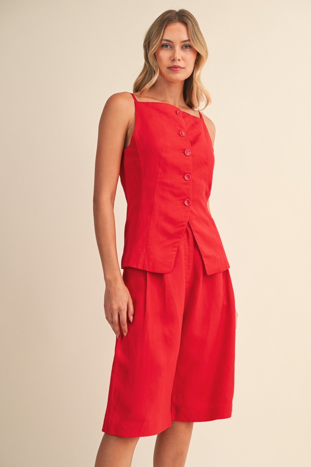 Linen Button Vest & Culotte Shorts Set Red