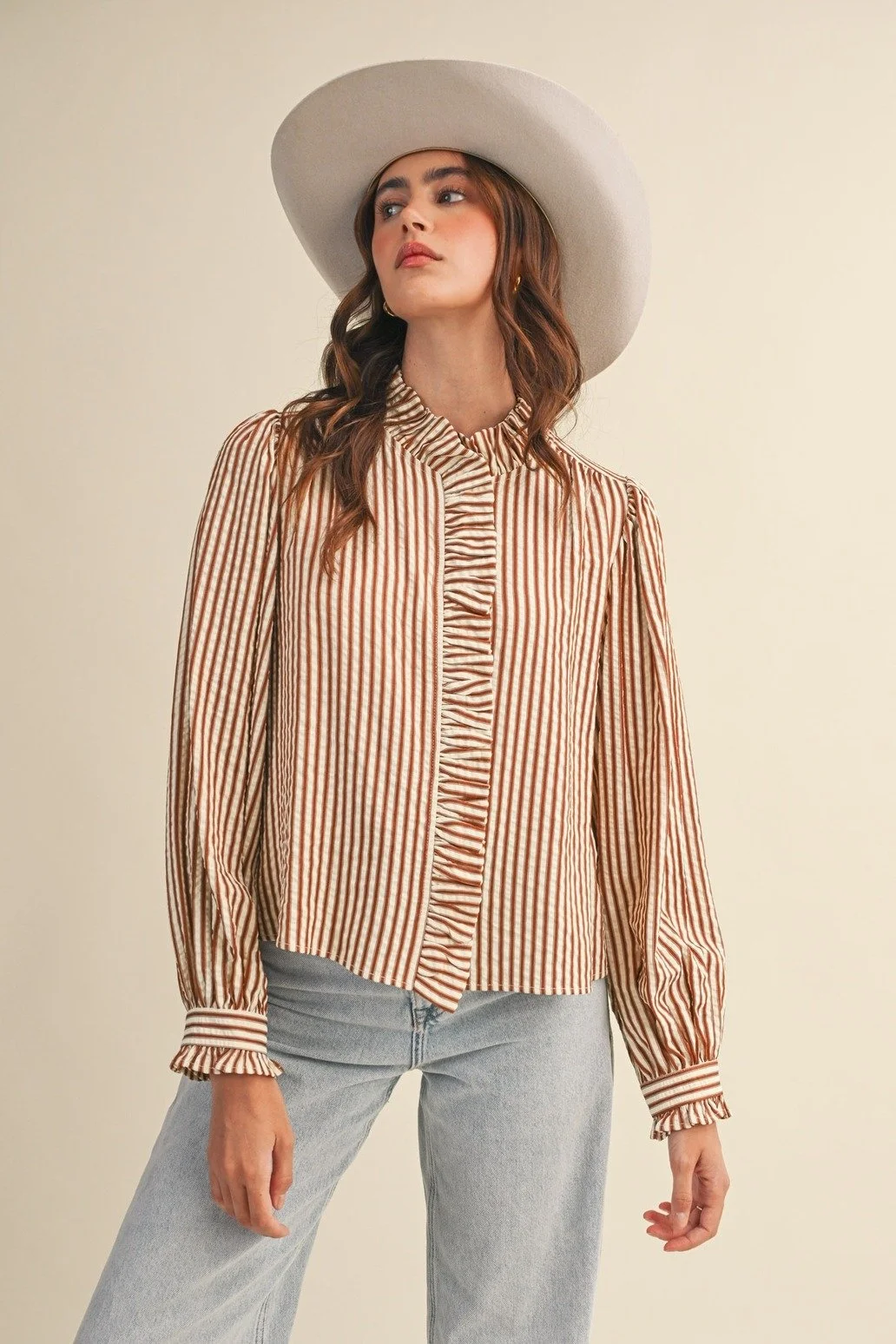 Ruffle Collar Button Front Blouse Pecan Ticking Stripe