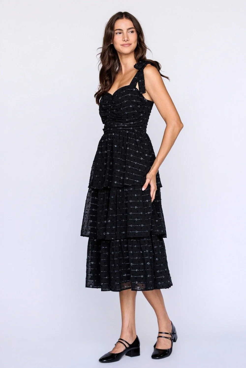 Tie Shoulder Tiered Midi Dress Black Metallic Dot
