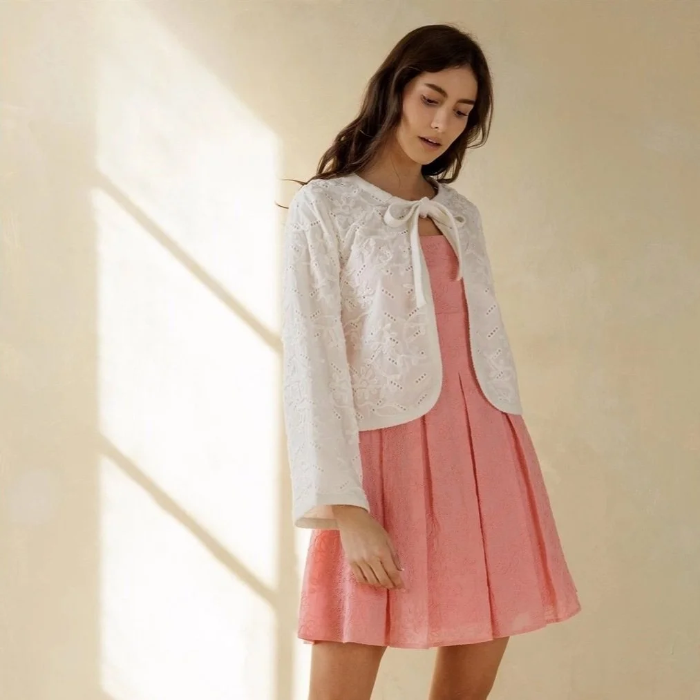 Floral Embroidered Tie Neck Cardigan Ivory