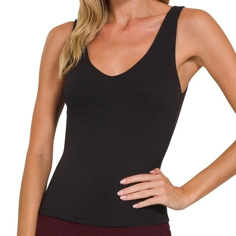 Rayon V-neck Basic Tank Black