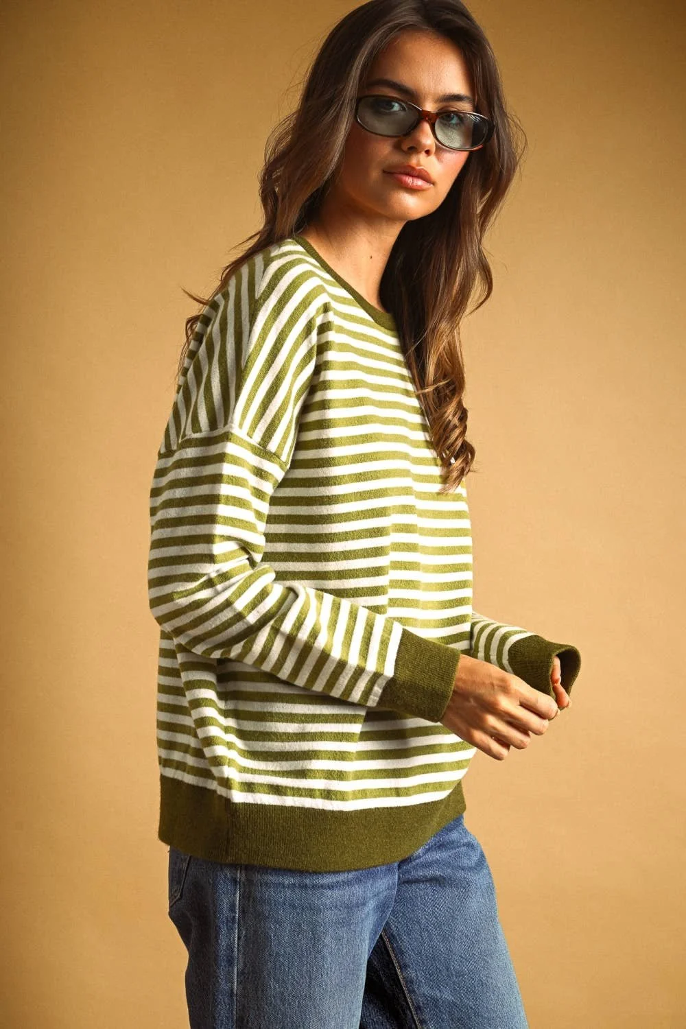 Contrast Trim Striped Sweater Sage & Ivory