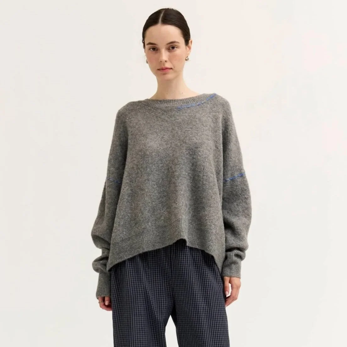 Thread Detail Boxy Sweater Gray with Cobalt