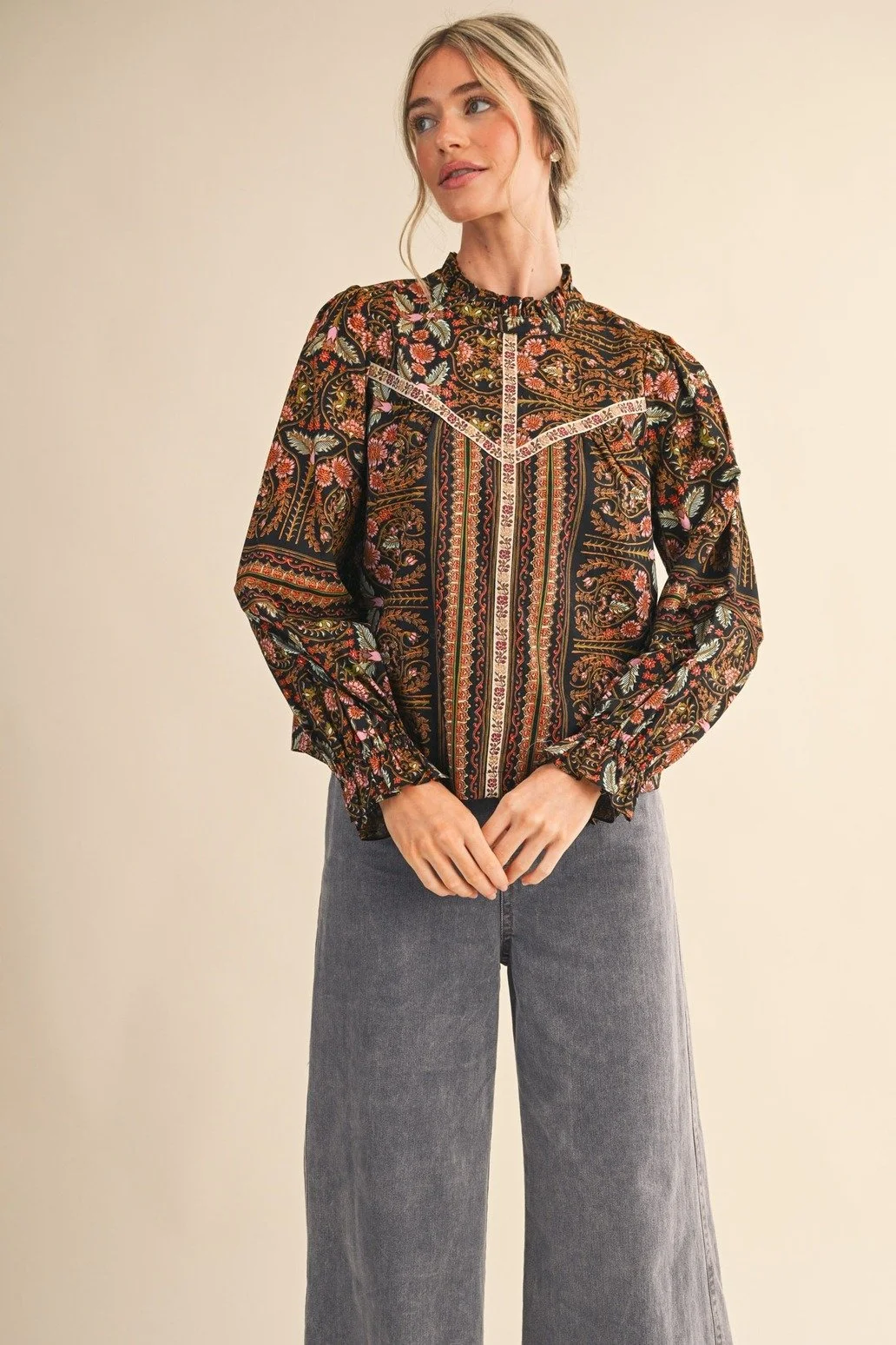 Ruffle Collar Floral Trim Blouse Black Border Print