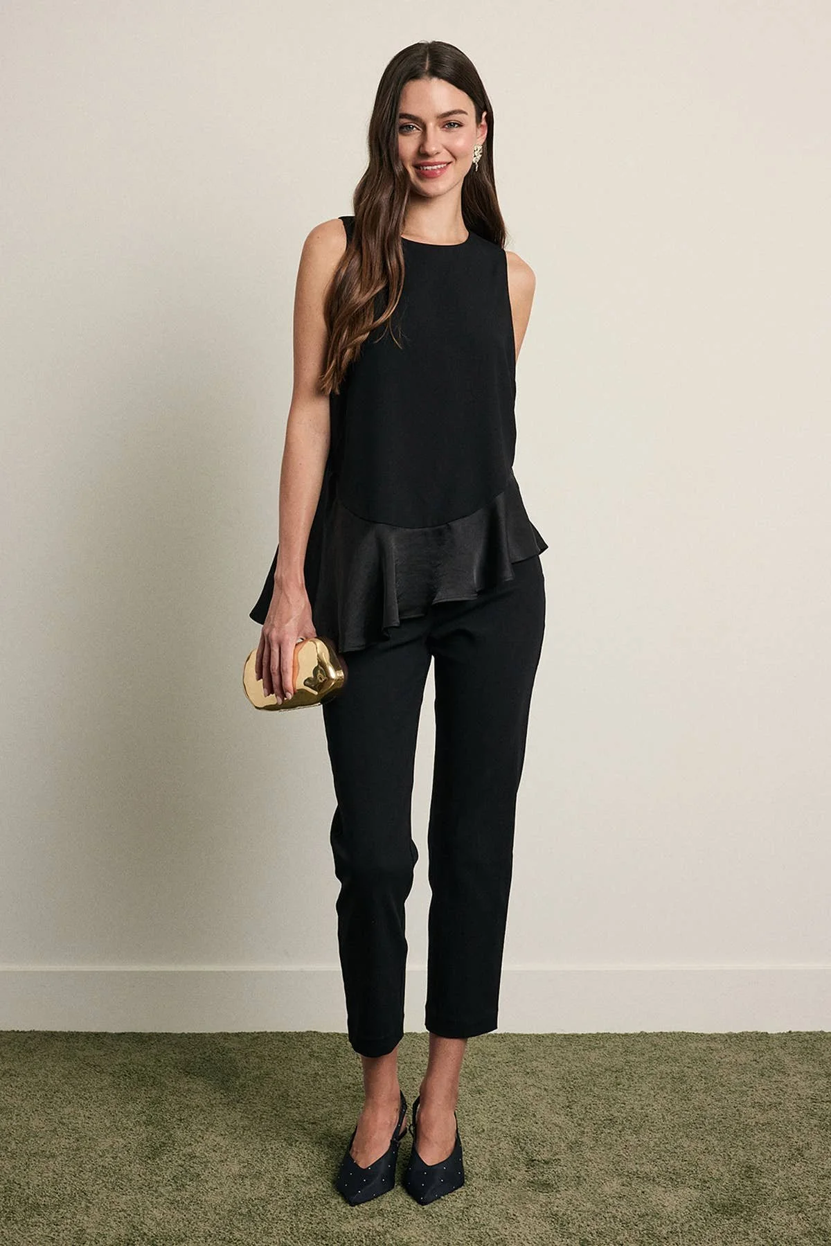 Satin Ruffle Hem Sleeveless Blouse Black