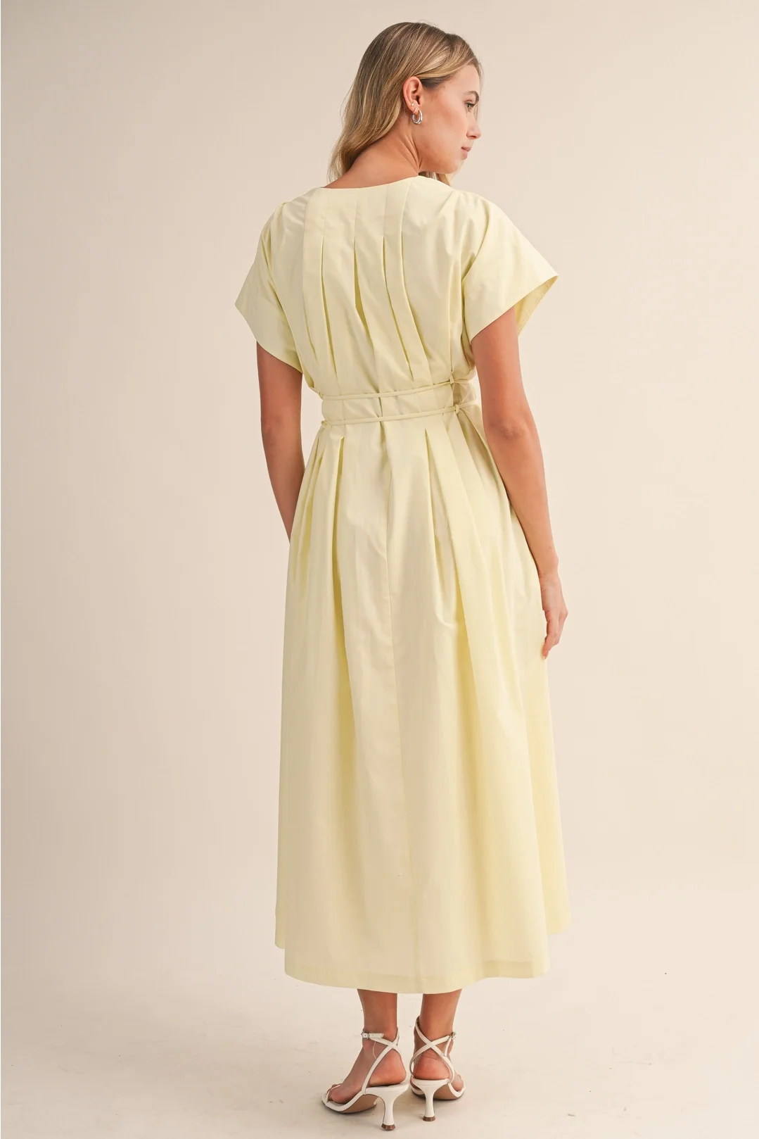 V-neck Pleated Button Down Midi Dress Butter