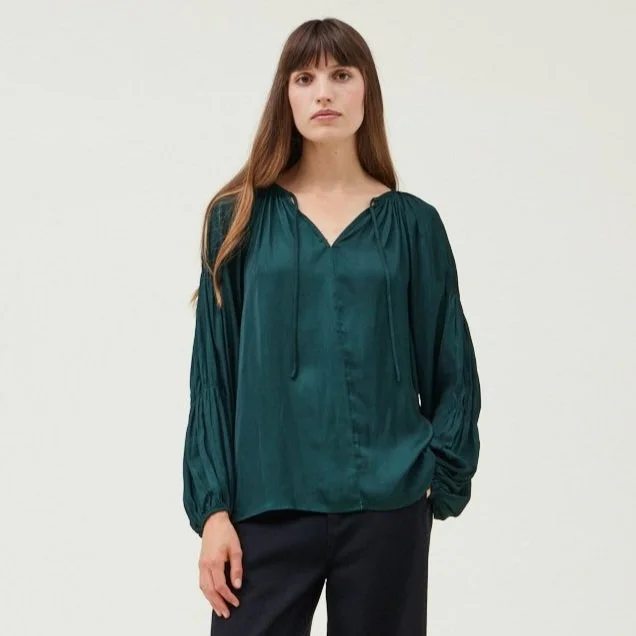 Pleated Sleeve Satin Blouse Deep Emerald