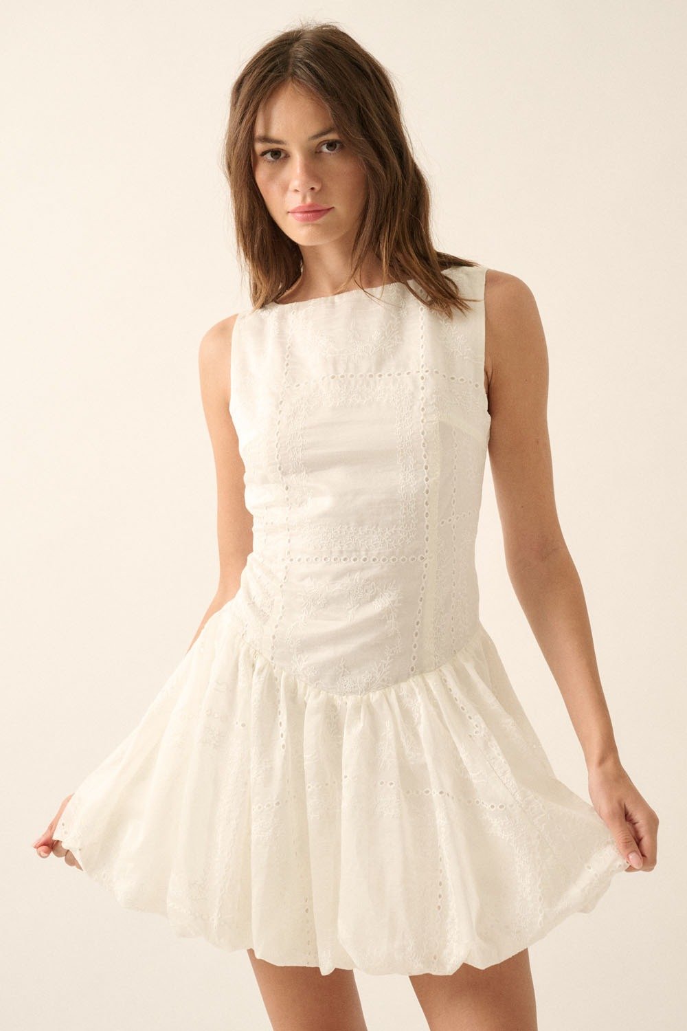 Vintage Lace Boatneck Drop Waist Bubble Mini Dress Ivory