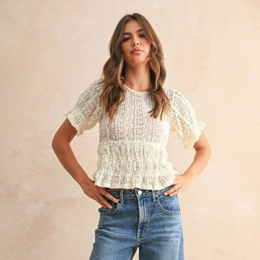 Puff Sleeve Lace Peplum Blouse Cream