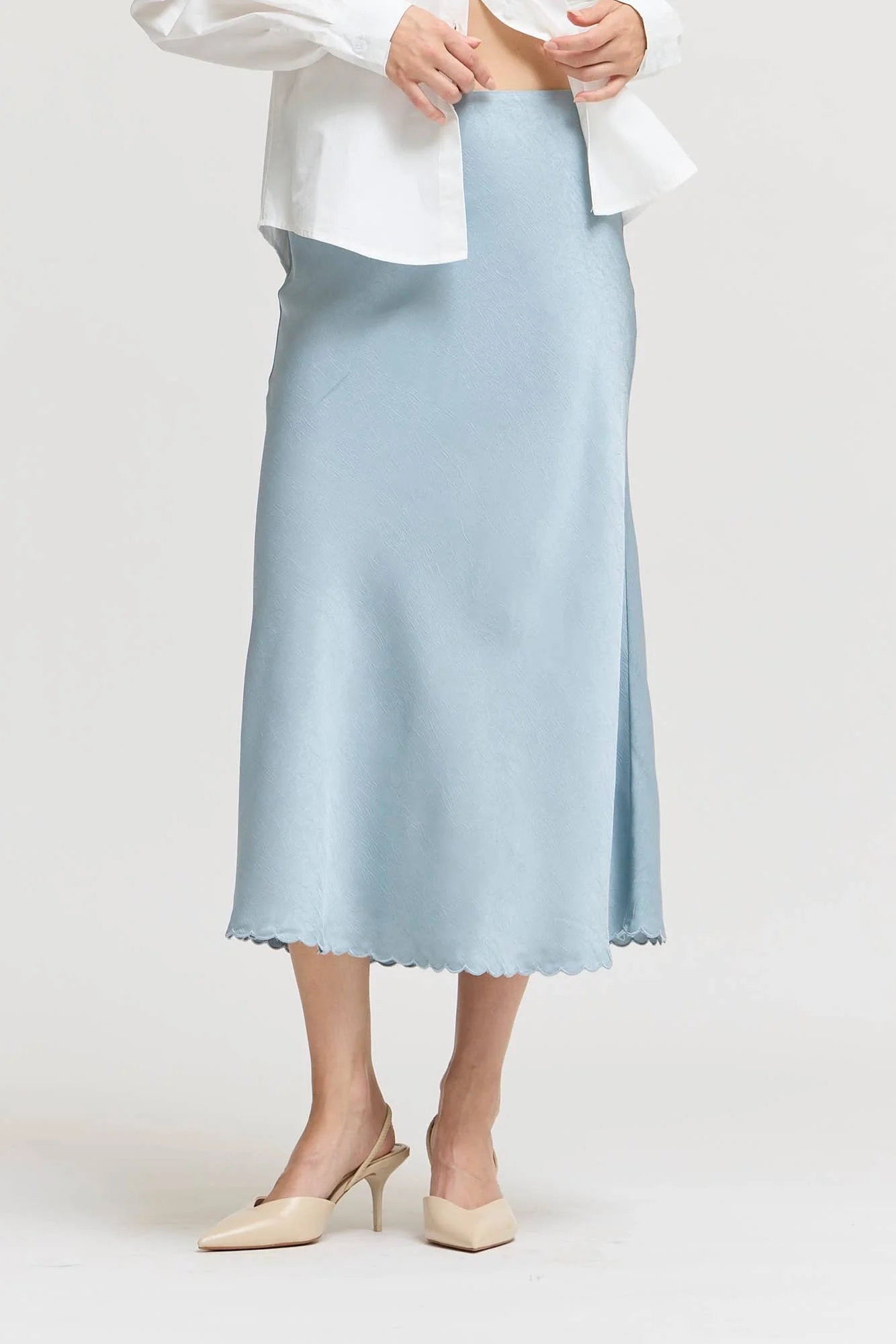 Scallop Hem Bias Slip Skirt Dusty Blue