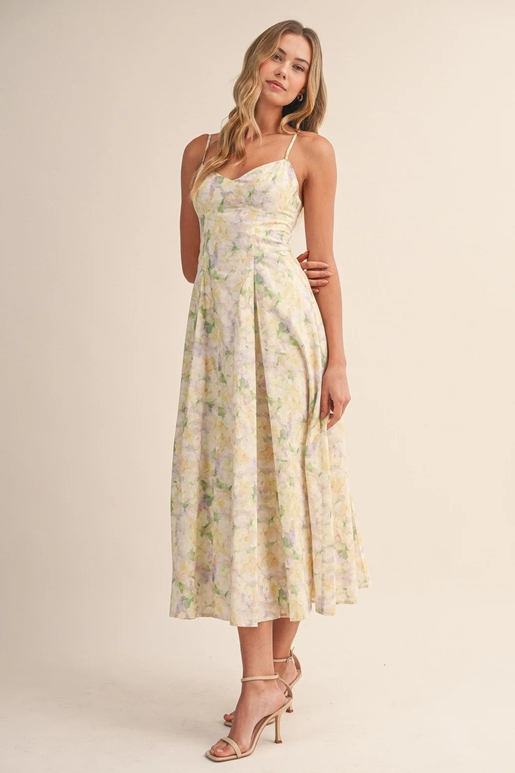 Sweetheart Pleated Midi Sundress Pastel Floral