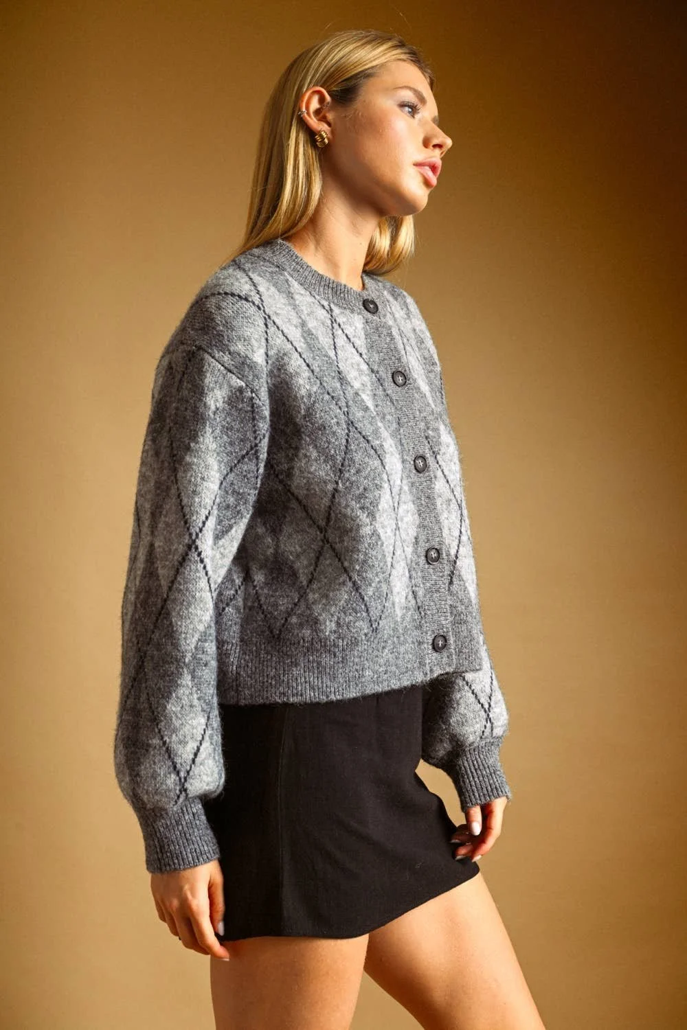 Argyle Button Front Cardigan Heather Gray